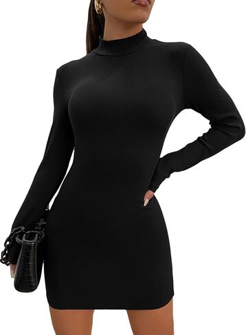 فساتين COZYEASE النسائية ذات الأكمام الطويلة Bodycon القصيرة الأنيقة ذات المقاس النحيف، فساتين ذات ياقة واقفة ومتماسكة ومضلعة in Saudi Arabia