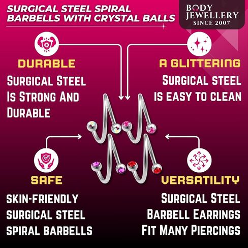 4pcs 16g 12mm Spiral Barbell Pinna Cartilage Helix Crystal Rim Navel Belly Eyebrow Ear lobe Lip Hoop Tragus Pick Color in Kuwait