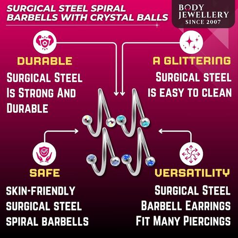 4pcs 16g 12mm Spiral Barbell Pinna Cartilage Helix Crystal Rim Navel Belly Eyebrow Ear lobe Lip Hoop Tragus Pick Color in Kuwait