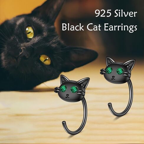 Black Cat Stud Earrings for Women 925 Sterling Silver Cat Earrings for Girls Black Cat Gifts Cat Jewelry Hypoallergenic in Saudi Arabia