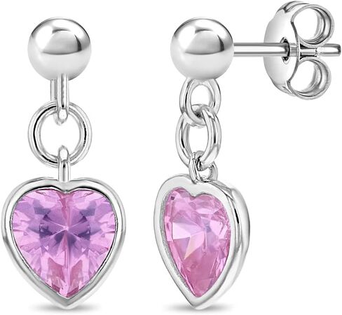 925 Sterling Silver Pink Cubic Zirconia Heart Ball Stud Dangle Earrings For Girls & Preteens- Delicate Safety Back Stud Earrings For Toddlers, Little Girls & Preteens in Saudi Arabia