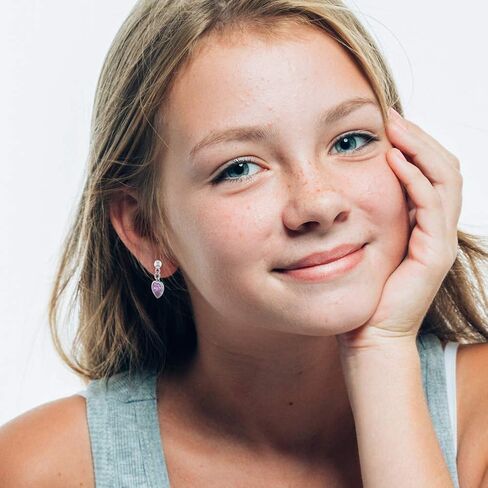 925 Sterling Silver Pink Cubic Zirconia Heart Ball Stud Dangle Earrings For Girls & Preteens- Delicate Safety Back Stud Earrings For Toddlers, Little Girls & Preteens in Saudi Arabia