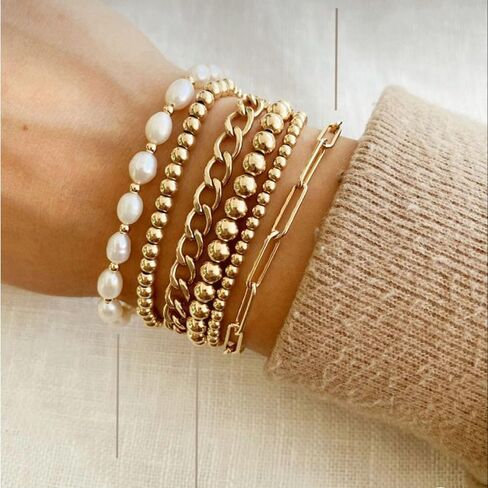 Sundurich Gold Beaded Bracelets for Women Baroque Pearl Stackable Stretch Bead Ball Bracelet Gold Bangles Stretchable Bracelets Jewelry in Saudi Arabia