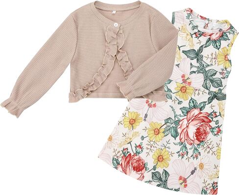 فستان YIJODM للفتيات الصغيرات مع سترة صوفية مكونة من قطعتين من ملابس البنات فستان زهري وأكمام طويلة in Kuwait