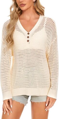 MINTLIMIT Women's Crochet Tops Long Sleeve Hollow Out Bathing Suit Cover Ups Swimsuit Coverup Beach Bikini Knit Sweater in Saudi Arabia