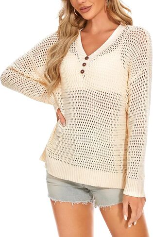 MINTLIMIT Women's Crochet Tops Long Sleeve Hollow Out Bathing Suit Cover Ups Swimsuit Coverup Beach Bikini Knit Sweater in Saudi Arabia