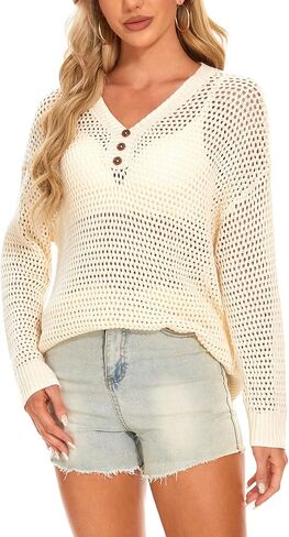 MINTLIMIT Women's Crochet Tops Long Sleeve Hollow Out Bathing Suit Cover Ups Swimsuit Coverup Beach Bikini Knit Sweater in Saudi Arabia