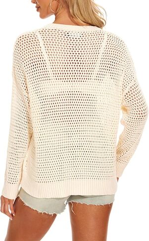MINTLIMIT Women's Crochet Tops Long Sleeve Hollow Out Bathing Suit Cover Ups Swimsuit Coverup Beach Bikini Knit Sweater in Saudi Arabia