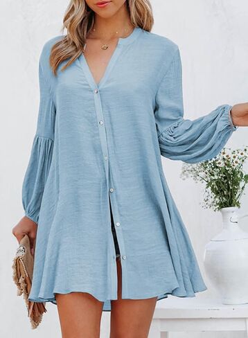 Astylish Womens Sexy V Neck Cover Up Long Sleeve Button Down Shirts Dresses in Kuwait