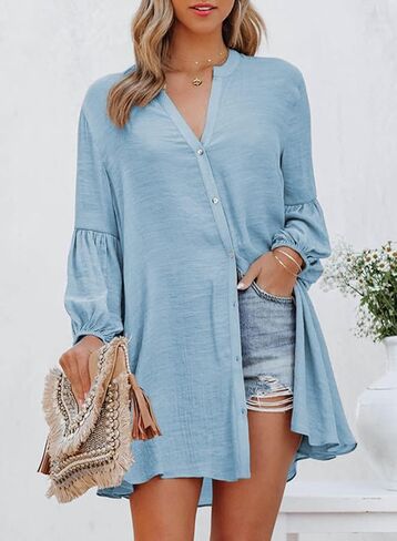 Astylish Womens Sexy V Neck Cover Up Long Sleeve Button Down Shirts Dresses in Kuwait