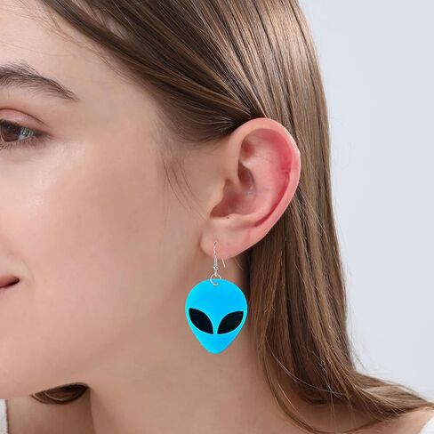 Just Follow Acrylic Punk Green Alien Face Dangle Earrings Big Eye Space Aliens Statement Drop Earrings Stainless Steel Rave Earrings in Kuwait