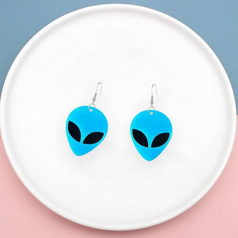Just Follow Acrylic Punk Green Alien Face Dangle Earrings Big Eye Space Aliens Statement Drop Earrings Stainless Steel Rave Earrings in Kuwait