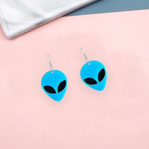 Just Follow Acrylic Punk Green Alien Face Dangle Earrings Big Eye Space Aliens Statement Drop Earrings Stainless Steel Rave Earrings in Kuwait