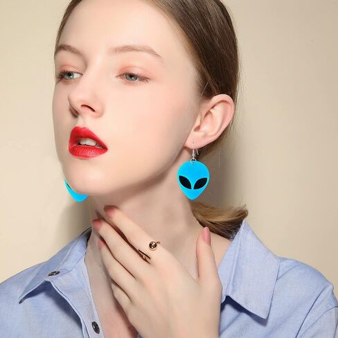 Just Follow Acrylic Punk Green Alien Face Dangle Earrings Big Eye Space Aliens Statement Drop Earrings Stainless Steel Rave Earrings in Kuwait