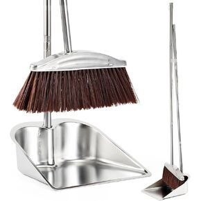 VOOWO Broom with Dustpan Combo Set, 46" Stainless Steel Broom and Dustpan Set for Home, Heavy Duty Dust Pan with Long Handle, Broom for Sweeping Indoor and Outdoor, Kitchen Broom and Dust Pan (Black)
