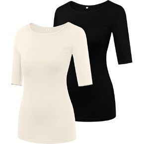 Huukeay 2 قطعة المرأة نصف كم تي شيرت المرأة الأساسية الجولة الرقبة بلايز المرأة 1/2 كم Crewneck تي شيرت بلايز بسط تيز