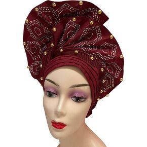 SugeGasa Nigerian Aso Oke Auto Gele Headties with Beads&Stones Already Made African Head Wrap Women Turban Cap Headbands in Kuwait