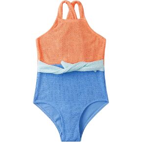 LIZENS Girls One Piece Color Block Ribbed Swimwear Tie Side Beach Bathing Swimsuit Suit Wrap Bow