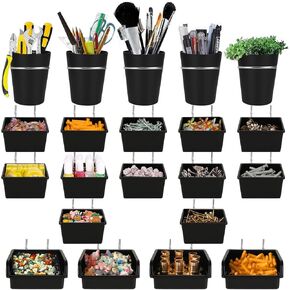 21 Sets Pegboard Bins Pegboard Cups with Hooks, Pegboard Hooks Basket Assortment, Pegboard Wall Organizer for Organizing Craft Accessories Tools Storage Office Workshop Garage Workbench