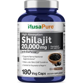 NusaPure Shilajit 20,000mg per Serving, 180 Veggie Caps, Non-GMO, Gluten Free, Bioperine