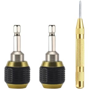 2 Pcs Self-Locking Drill Bit Holder 60mm Length Extension Rod Screwdriver 1/4 Inch Hex Shank Quick Release Chuck Adapter Connector Power Drill Tool with 1 Pcs Automatic Center Punch Tool