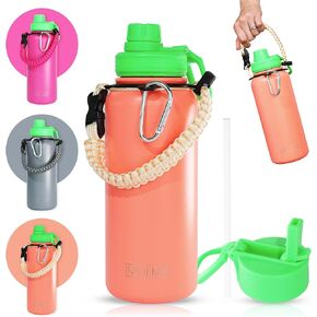 Insulated Water Bottle with Handle 32oz, Stainless Steel Cup with 2 Lids & Straw, BPA-Free, Aesthetic, Tumbler Double Wall Vacuum Insulation, for Workout, Sports (Fresh Orange)