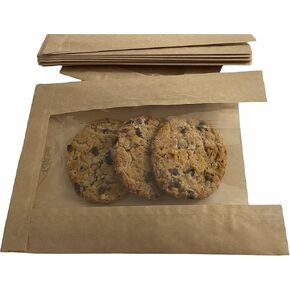 Sowelu Bakery Bags With Window, 6.5x2x8.5 Inches. 100PCS for Cookies or other Pastries, Brown Kraft Paper