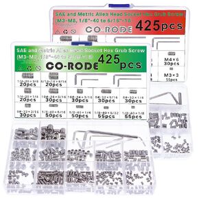 850pcs SAE and Metric Socket Hex Grub Screw Set, Allen Head, 304 Stainless Steel, Internal Hex Drive, Screws Assortment Kit (M3-M8, 1/8"-40 to 5/16"-18)