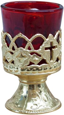 VILLAGE GIFT IMPORTERS 4" Electric Votive Candle with Brass Stand and Light Bulb | Red and Brass-Colored Home Devotional Candle Holder | Memorial Vigil in Saudi Arabia