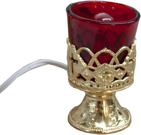 VILLAGE GIFT IMPORTERS 4" Electric Votive Candle with Brass Stand and Light Bulb | Red and Brass-Colored Home Devotional Candle Holder | Memorial Vigil in Saudi Arabia