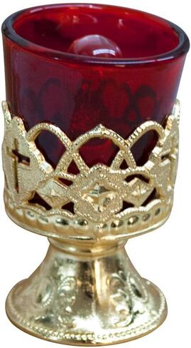 VILLAGE GIFT IMPORTERS 4" Electric Votive Candle with Brass Stand and Light Bulb | Red and Brass-Colored Home Devotional Candle Holder | Memorial Vigil in Saudi Arabia