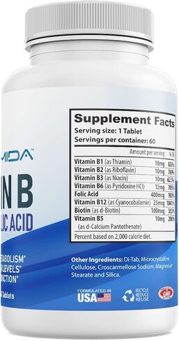 Vitamin B Complex and Folic Acid Contains All B Vitamins, Advanced Formula, Brain & Cognitive Support, Energy & Metabolism, Heart Health, 60 Tablets in Saudi Arabia