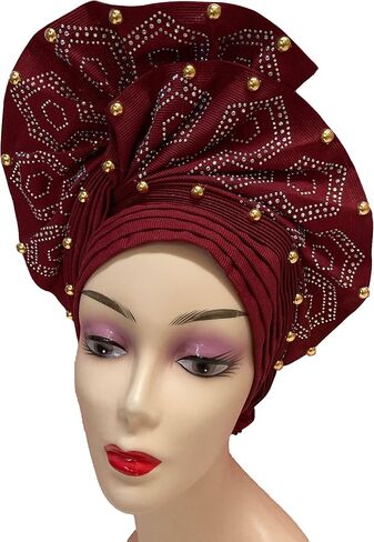 SugeGasa Nigerian Aso Oke Auto Gele Headties with Beads&Stones Already Made African Head Wrap Women Turban Cap Headbands in Kuwait