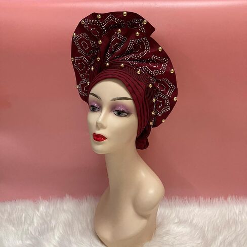 SugeGasa Nigerian Aso Oke Auto Gele Headties with Beads&Stones Already Made African Head Wrap Women Turban Cap Headbands in Kuwait
