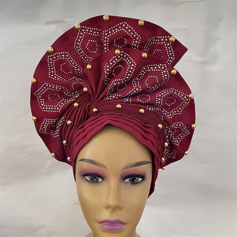SugeGasa Nigerian Aso Oke Auto Gele Headties with Beads&Stones Already Made African Head Wrap Women Turban Cap Headbands in Kuwait