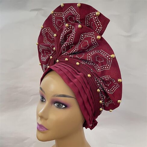 SugeGasa Nigerian Aso Oke Auto Gele Headties with Beads&Stones Already Made African Head Wrap Women Turban Cap Headbands in Kuwait
