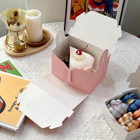 Slice Cake Case White Boxes with Handle - (50 Pack) 6.1" x 4.1" x 4.0" Disposable Paper Gable Box For Candy Boxes Party Favors Bakery Macaron Pasty Cookies Pie Piece Cupcake Muffins Containers in Saudi Arabia