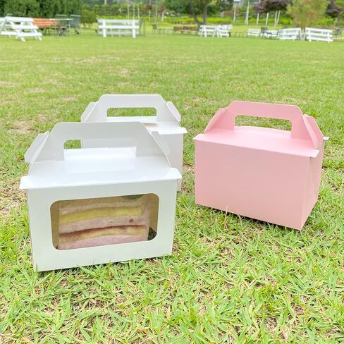Slice Cake Case White Boxes with Handle - (50 Pack) 6.1" x 4.1" x 4.0" Disposable Paper Gable Box For Candy Boxes Party Favors Bakery Macaron Pasty Cookies Pie Piece Cupcake Muffins Containers in Saudi Arabia