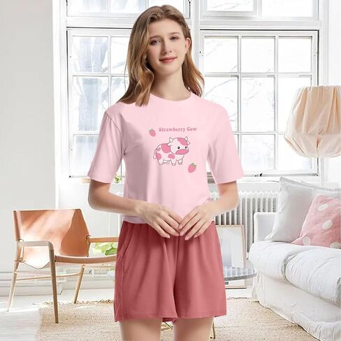 KEEVICI إمرأة لطيف الفراولة البقرة قصيرة الأكمام المحاصيل المحملة والسراويل منامة مجموعة Kawaii طباعة 2 قطعة ملابس خاصة القطن Pj مجموعات in Kuwait