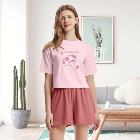 KEEVICI إمرأة لطيف الفراولة البقرة قصيرة الأكمام المحاصيل المحملة والسراويل منامة مجموعة Kawaii طباعة 2 قطعة ملابس خاصة القطن Pj مجموعات in Kuwait