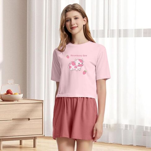 KEEVICI إمرأة لطيف الفراولة البقرة قصيرة الأكمام المحاصيل المحملة والسراويل منامة مجموعة Kawaii طباعة 2 قطعة ملابس خاصة القطن Pj مجموعات in Kuwait