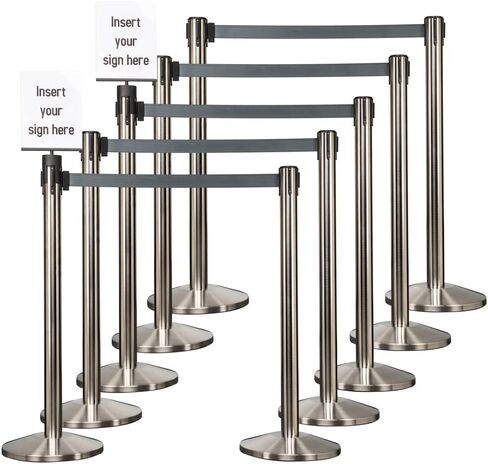 Satin Stainless Retractable Belt Stanchion Safety Barrier with 11' Dark Grey Belt (10 Post Bundle) in Saudi Arabia