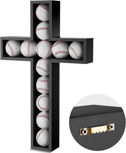 Cross Baseball Display Case Wall Mount 12 Baseball Holders for Balls Display Wood Baseball Display Stand Baseball Cabinet Shadow Box for Home Run Collector Memorabilia Balls, Black in Saudi Arabia