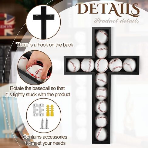 Cross Baseball Display Case Wall Mount 12 Baseball Holders for Balls Display Wood Baseball Display Stand Baseball Cabinet Shadow Box for Home Run Collector Memorabilia Balls, Black in Saudi Arabia