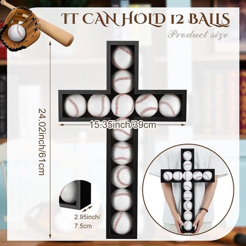 Cross Baseball Display Case Wall Mount 12 Baseball Holders for Balls Display Wood Baseball Display Stand Baseball Cabinet Shadow Box for Home Run Collector Memorabilia Balls, Black in Saudi Arabia