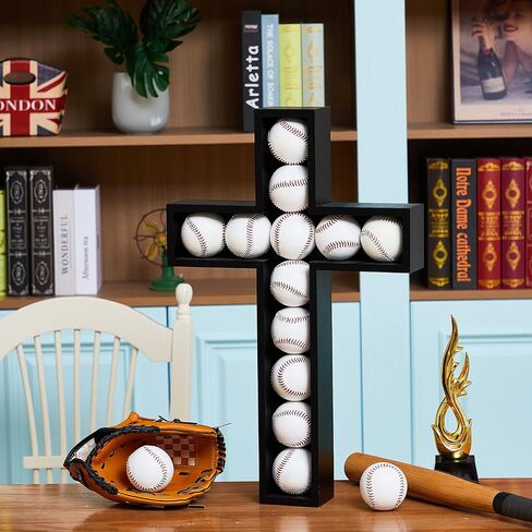 Cross Baseball Display Case Wall Mount 12 Baseball Holders for Balls Display Wood Baseball Display Stand Baseball Cabinet Shadow Box for Home Run Collector Memorabilia Balls, Black in Saudi Arabia