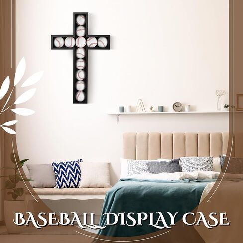 Cross Baseball Display Case Wall Mount 12 Baseball Holders for Balls Display Wood Baseball Display Stand Baseball Cabinet Shadow Box for Home Run Collector Memorabilia Balls, Black in Saudi Arabia