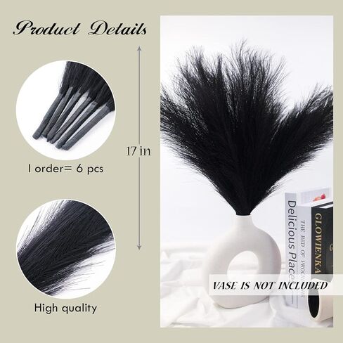 6 قطع من عشب بامباس الصناعي مقاس 17 بوصة/44 سم عشب بامباس الاصطناعي المنفوش 7 فروع لحفلات الزفاف وغرفة النوم وديكور المنزل البوهيمي (027 أسود) in Kuwait