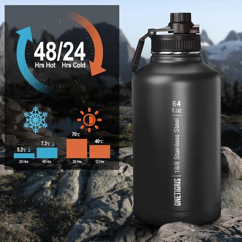 OneTigris Tactical Half Gallon Water Bottle with Straw - 64 oz Vacuum Insulated Stainless Steel Water Jug, Leakproof Sport Bottle with 3 BPA Free Lids, Paracord Handle & MOLLE Water Pouch for Outdoor in Saudi Arabia
