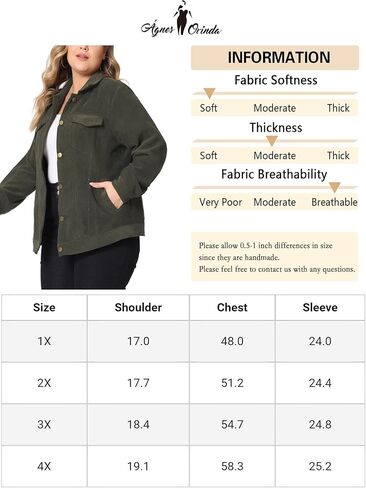 Agnes Orinda Plus Size Corduroy Shirt for Women Oversize Button Down Long Sleeve Loose Shacket Jacket Outwear in Kuwait